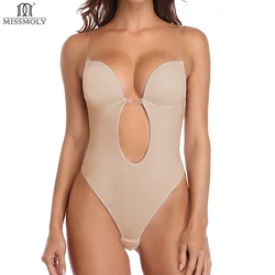 Kobiety U Plunge kombinezon bez pleców głębokie dekolt bez szwu stringi dolna część bielizna wyściełana Push Up Full Body czopiarki Shapewear Drop