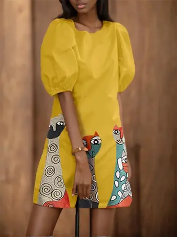 VONDA 여름 드레스 여성 짧은 소매 보헤미안 미니 Sundress 2025 인쇄 가운 라운드 넥 캐주얼 루즈 Vestidos 휴일