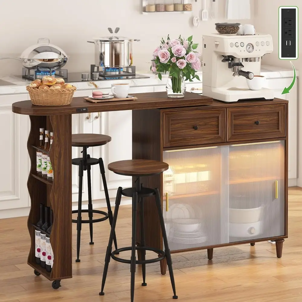 

69 Rotating Walnut Kitchen Island: Bluetooth Speakers, LED Lights, Adjustable Shelves, Storage, Power Outlet