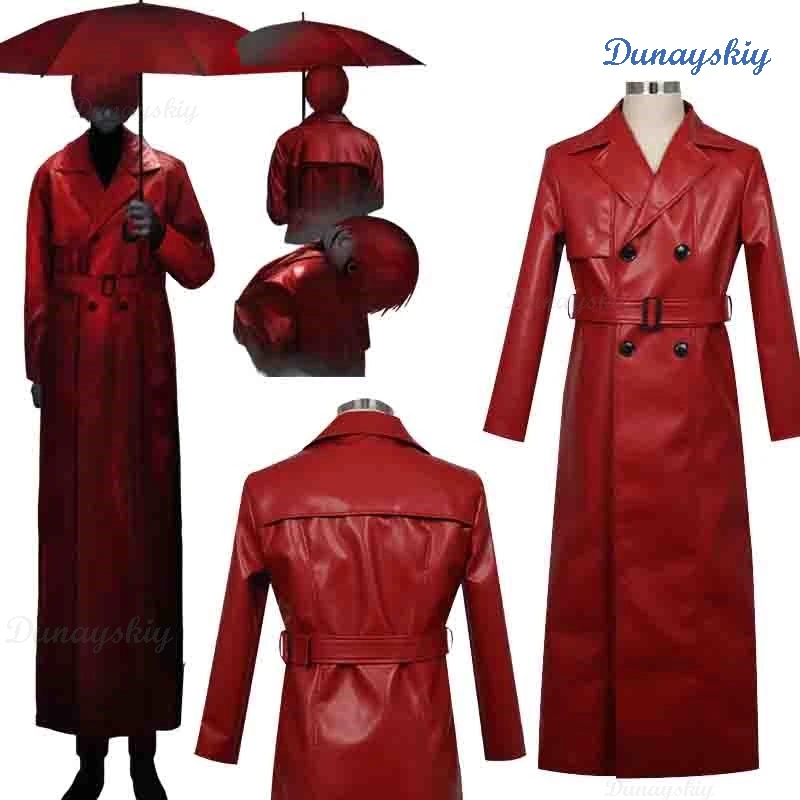 Homicipher Mr. Scarletella Cosplay Costume Red Coat Trench Man with Red Umbrella Horror Wig Game Halloween Monster Roleplay