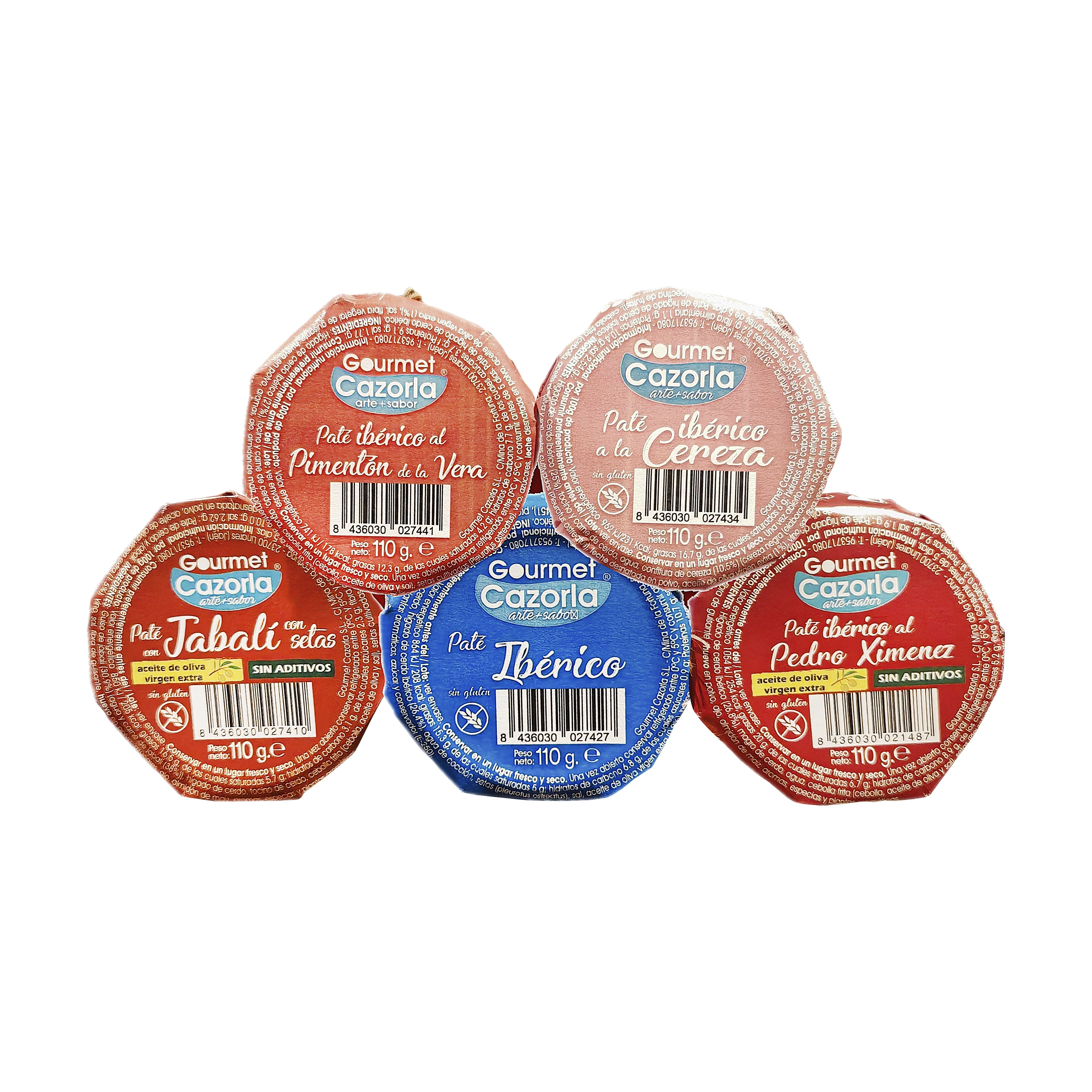 Patés ibéricos de Gourmet Cazorla. Pack surtido de 5 unidades (Ibérico, a la cereza, al Pedro Ximénez, al pimentón de la vera y de jabalí con setas)
