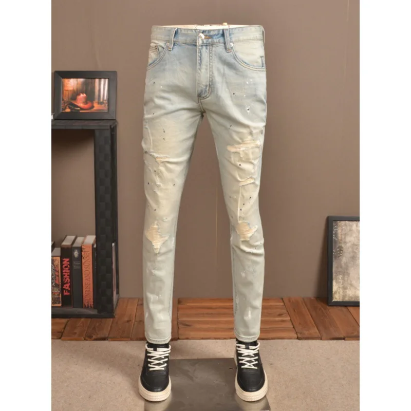 Spring Thin Light Blue Spray Paint Distressed Men'S Jeans Fashion Trendy Elastic Slim Fit Patch Straight Leg Casual Denim Pants