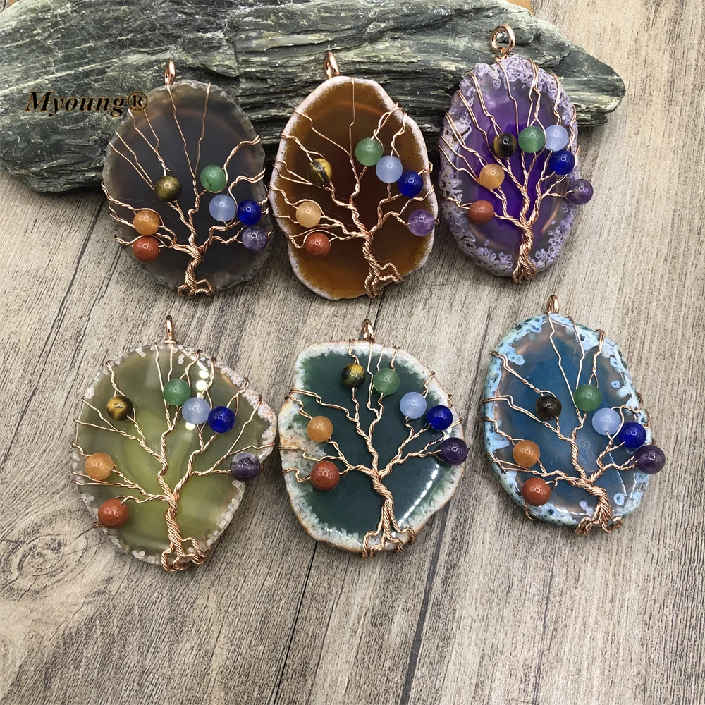 Reiki 7 Chakra Gems Bead Paved Tree Of Life Wire Wrap Freeform Multicolor Agates Stone Slice Necklace Pendants MY220801