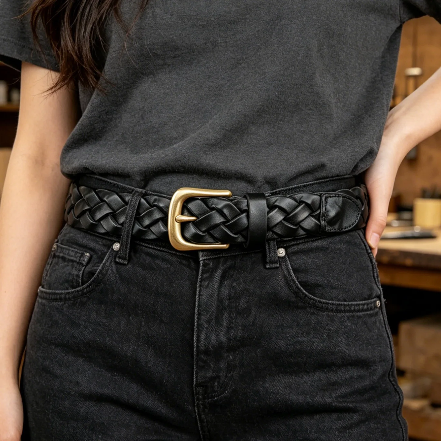 Women's Pure Handmade Woven Belt, Neutral Genuine Leather Retro Casual Cowhide Woven Belt,woman Needle Buckle Trendy Jeans Belt