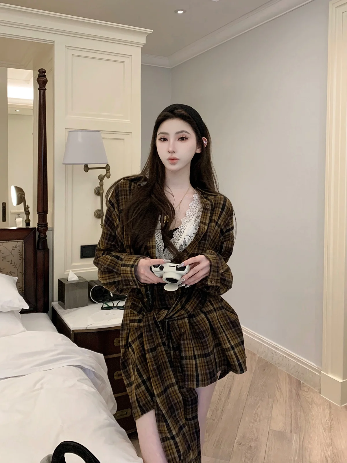 

Корейская женская рубашка свободного кроя с длинным рукавом и поясом, в клетку, из смесового хлопка и полиэстера, в стиле Lazy Feel Ci Walk