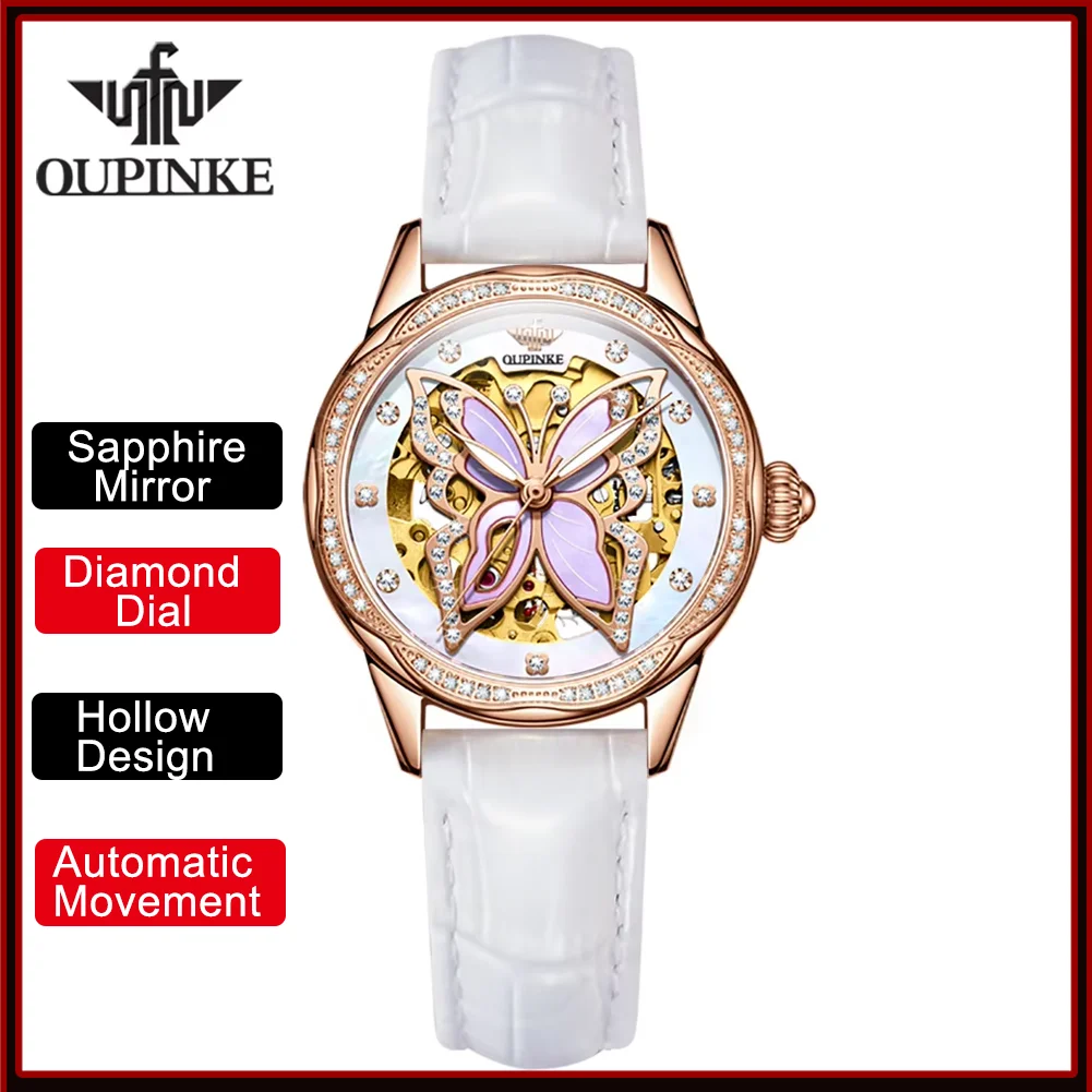 OUPINKE 3239 Original Automatic Women's Watches Fashion Hollow Butterfly Diamond Dial Elegant Luxury Ladies Dress Wrist Watches