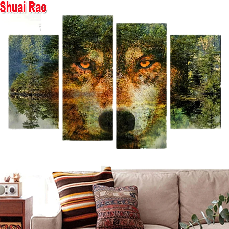 4 Panel Diamond Painting Jungle Mystery Wolf Head Cross Stitch 5D Diamond Embroidery Rhinestone Pictures Ferocious Animal Decor