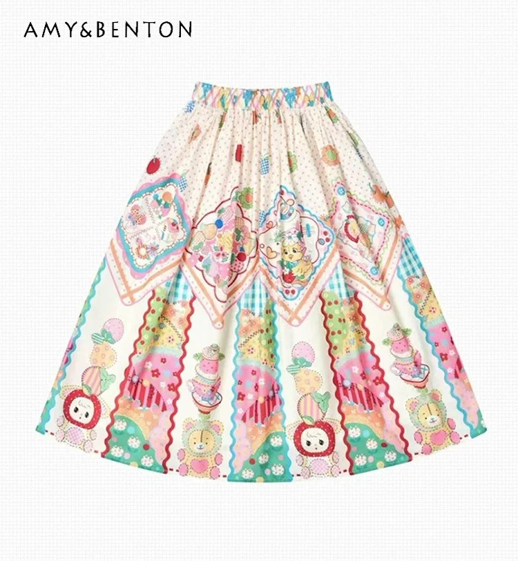 

Summer Japanese Retro Cartoon Patchwork Print High Waist A-Line Skirt Women Sweet Cute Elastic Waist Flared Midi Skirt