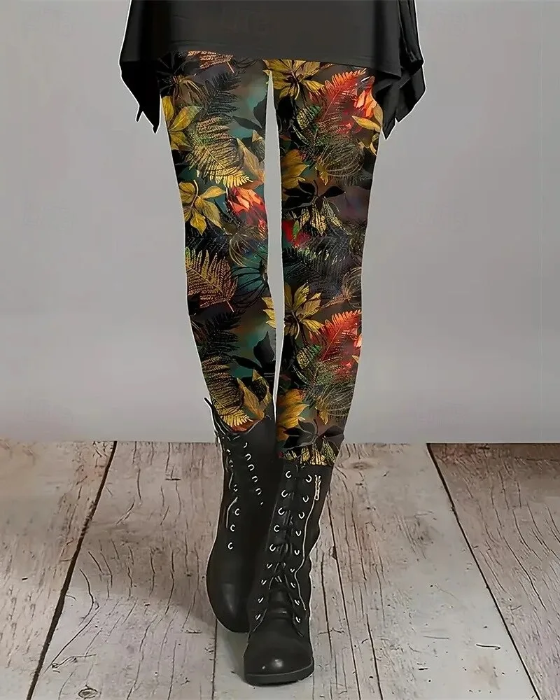 Leggings acogedores con estampado de plantas para mujer, ropa de calle informal con cintura elástica, cómodos para exteriores, para vacaciones al aire libre