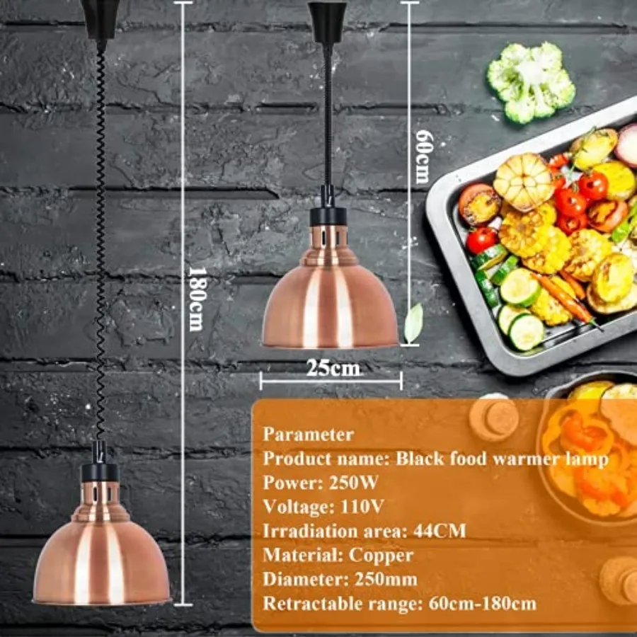 Commercial Food Warmer Lamp with 250W Bulb Retractable Hanging Food Heat Heating Lamp for Restaurant Service Warming Pizza Warm