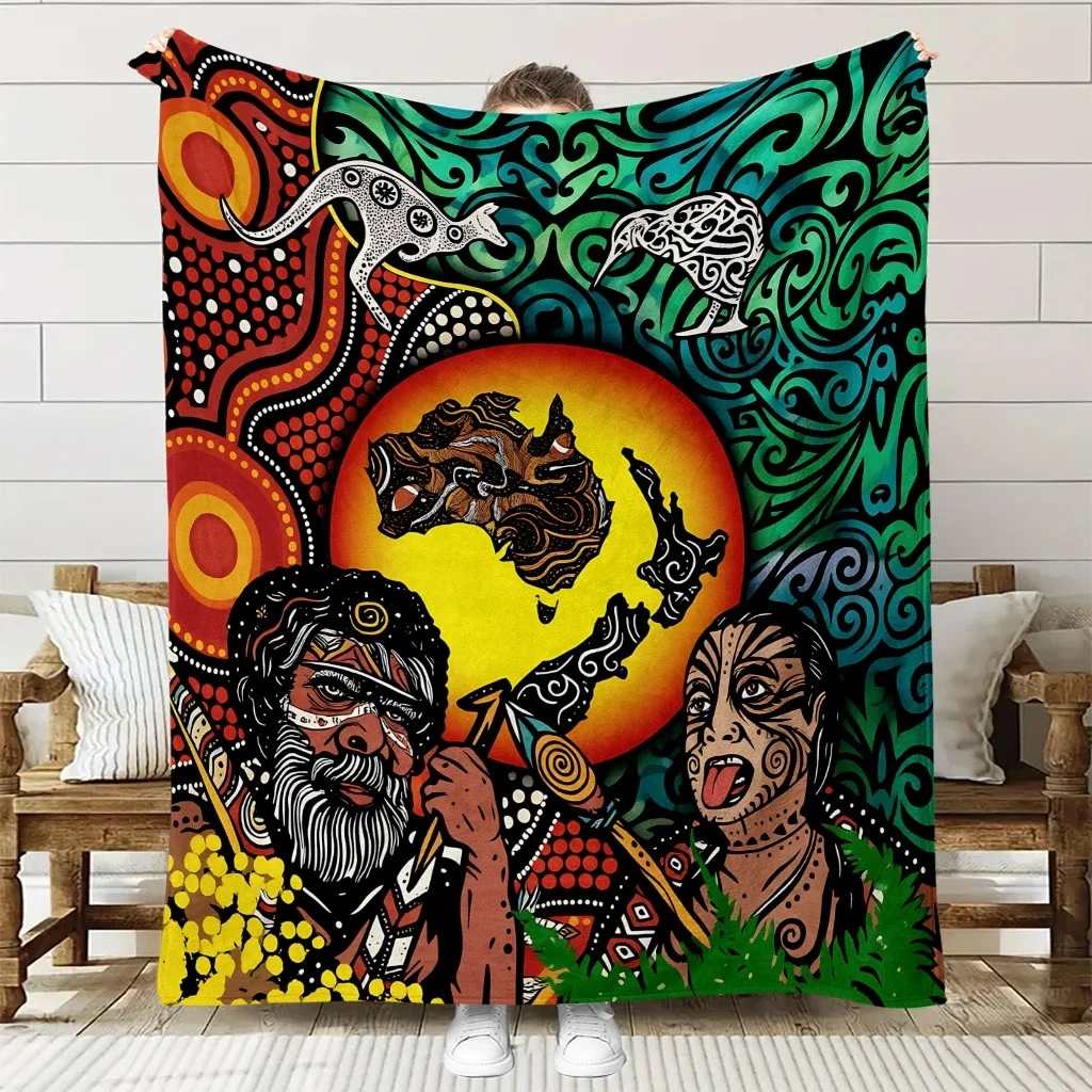 Aboriginal Australian Figure Kangaroo Kiwi Sunset Print Flannel Throw Blanket Soft Warm Cover For Sofa Bedroom Ethnic Decor Gift