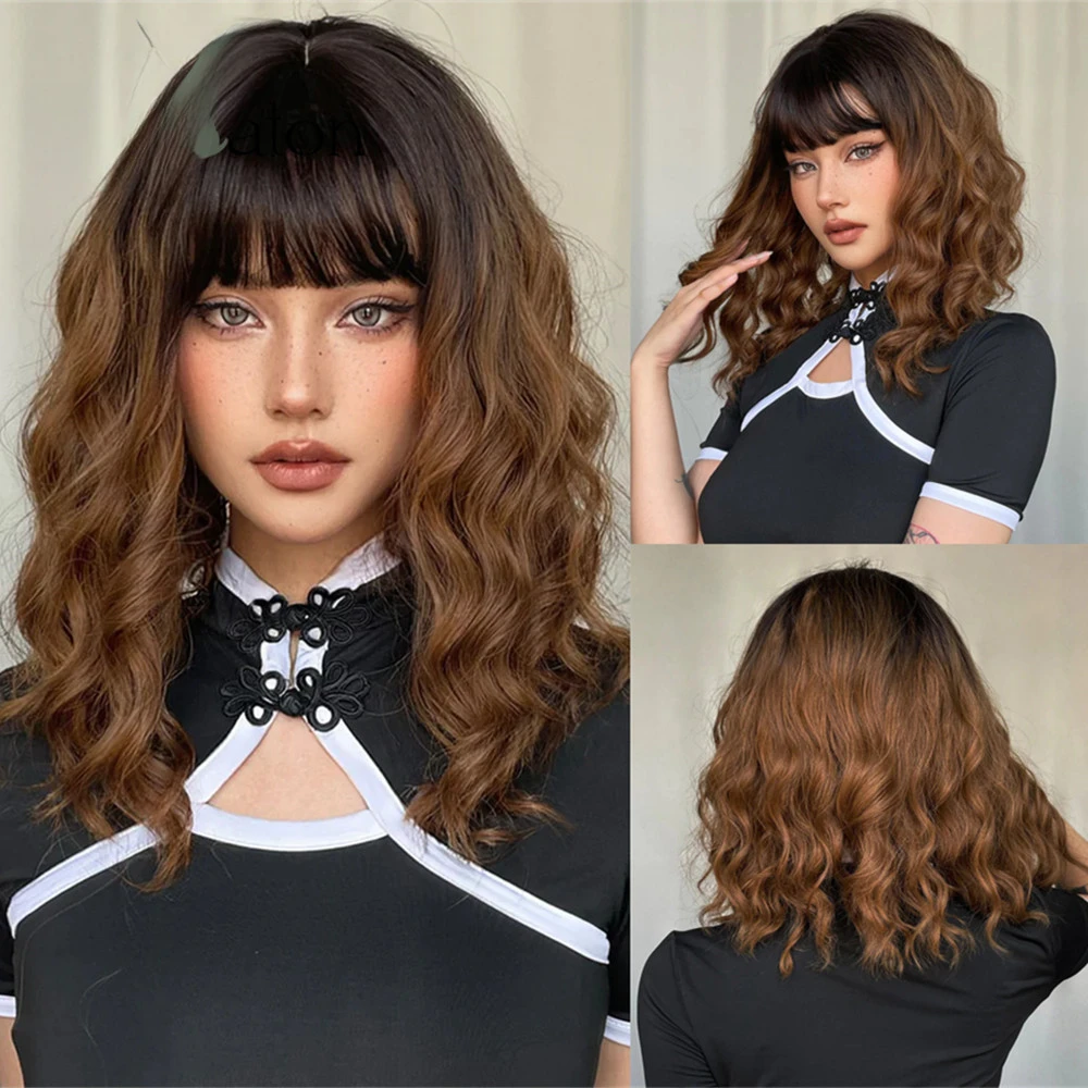 

Short Ombre Brown Synthetic Shoulder Length Wave Wig Bangs Natural Looking Brown Wigs for Women Daily Party