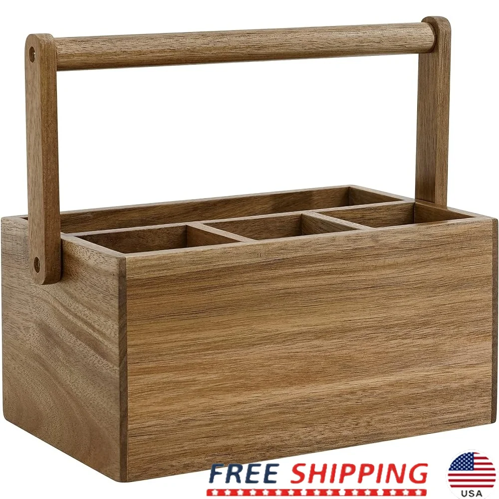 

Acacia Wooden Utensil Holder with Handle Portable Silverware Caddy Multifunctional Organizer Kitchen Office Bathroom Bedroom