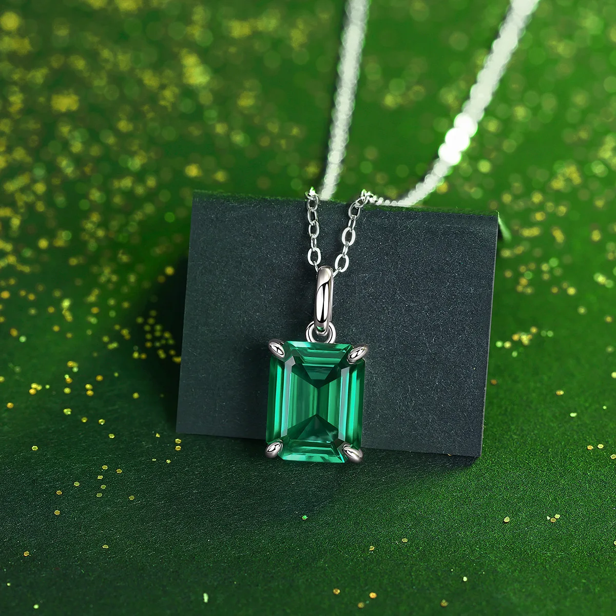 925 Silver 3ct Emerald Cut Lab Grown Emerald Necklace Fine Jewelry 8x10mm Gemstone Necklaces White Gold Plated Birthday Gift