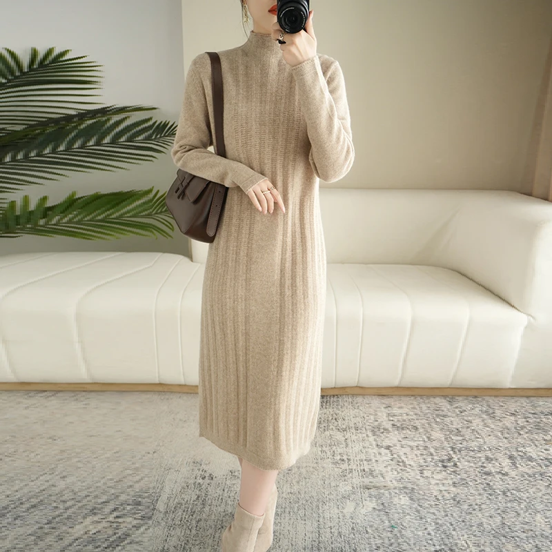 

2023 Autumn Winter New Wool Dress Women's Half High Collar Pullover Sweater 100% Pure Wool Loose Solid Jacquard Mid Length Dress