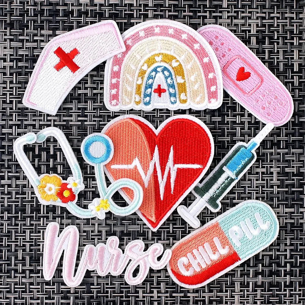 8Pcs/Lot Nurse Capsule Stethoscope Pink Patches Cloth Embroidered Applique Sewing Clothes Apparel Accessories Decoration Patch