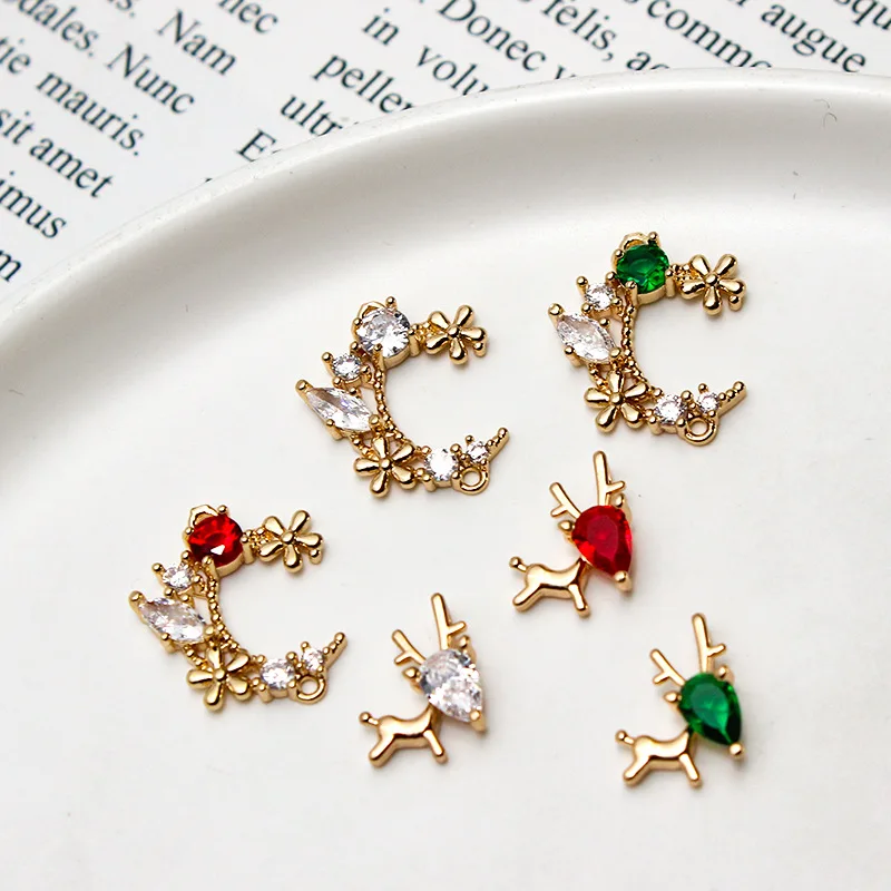 1pcs Diy Jewelry Accessories Cast Copper Micro-set Zircon Moon Flower Small Tree Deer Pendant Earrings Material Handmade Charms