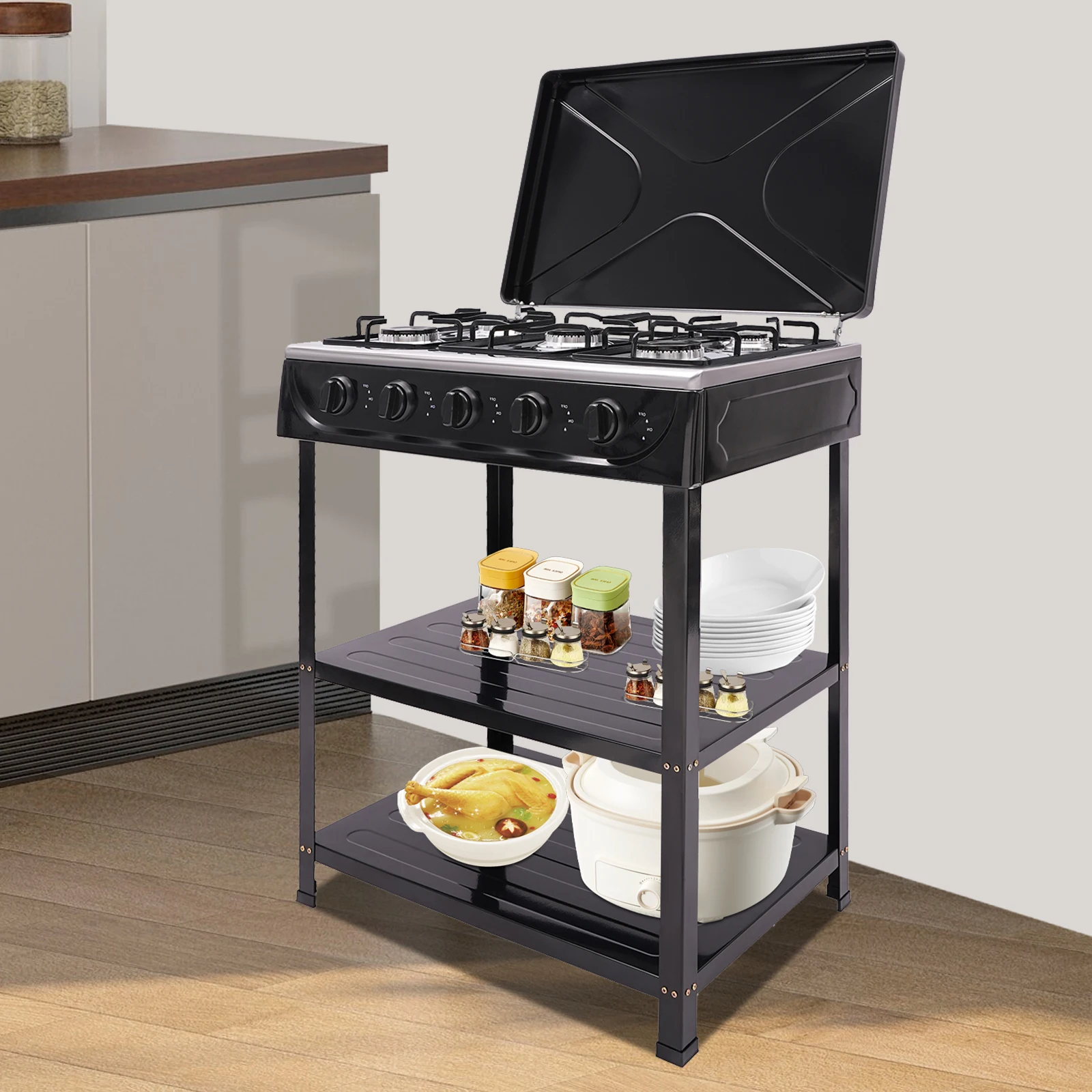 5 Burners Gas Stove, Portable Manual Ignition Stove W/ Support Leg Stand& Wind Blocking Cover, for Camping, RV Travel