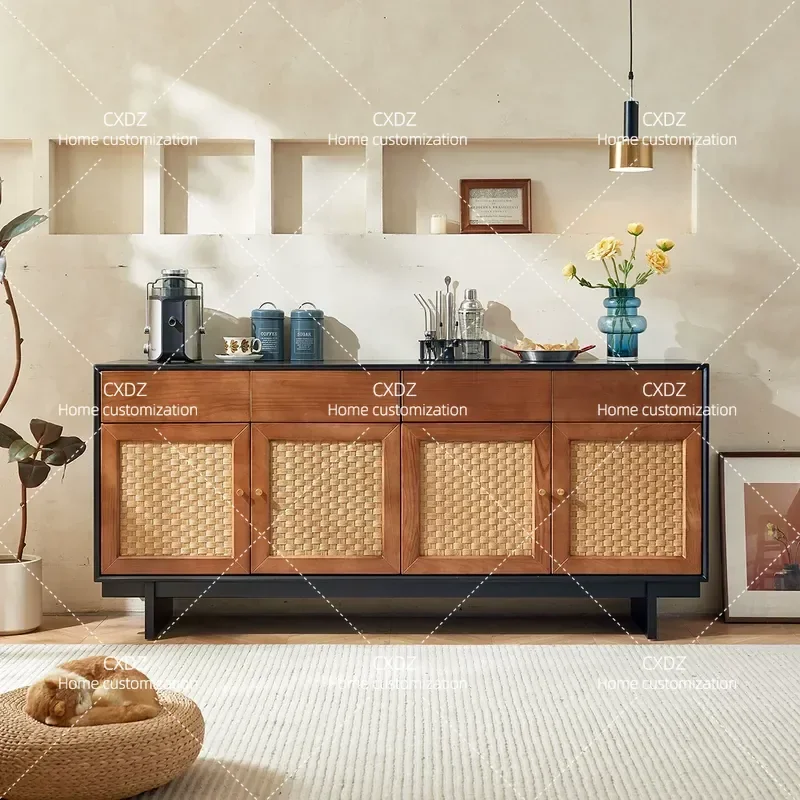 Nordic Solid Wood Dining Side Cabinet Simple Modern Living Room Tea Cabinet Locker Japanese Rattan Entrance Cabinet TV