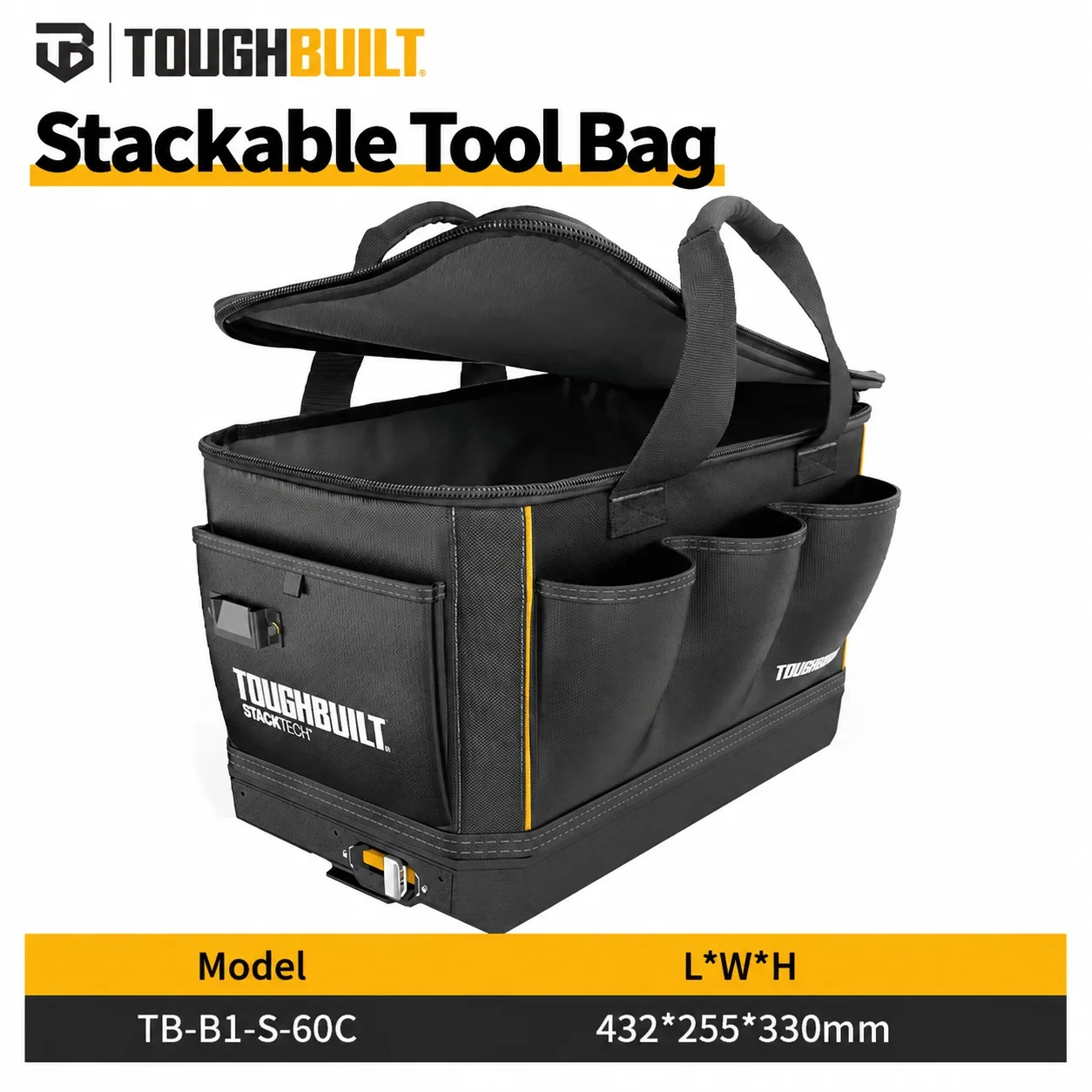 TOUGHBUILT TB-B1-S-60C Stackable Tool Bag, Auto-Locking Slide Switch 1680D Fabric Multi Pocket Jobsite Storage Tote