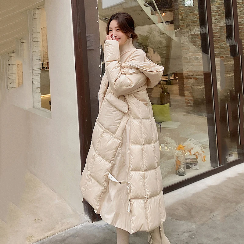 New Winter Female 90 White Duck Down Hooded Jacket Women Casual Loose Long Jacket Female Outwear Feather Snow Down Overcoat