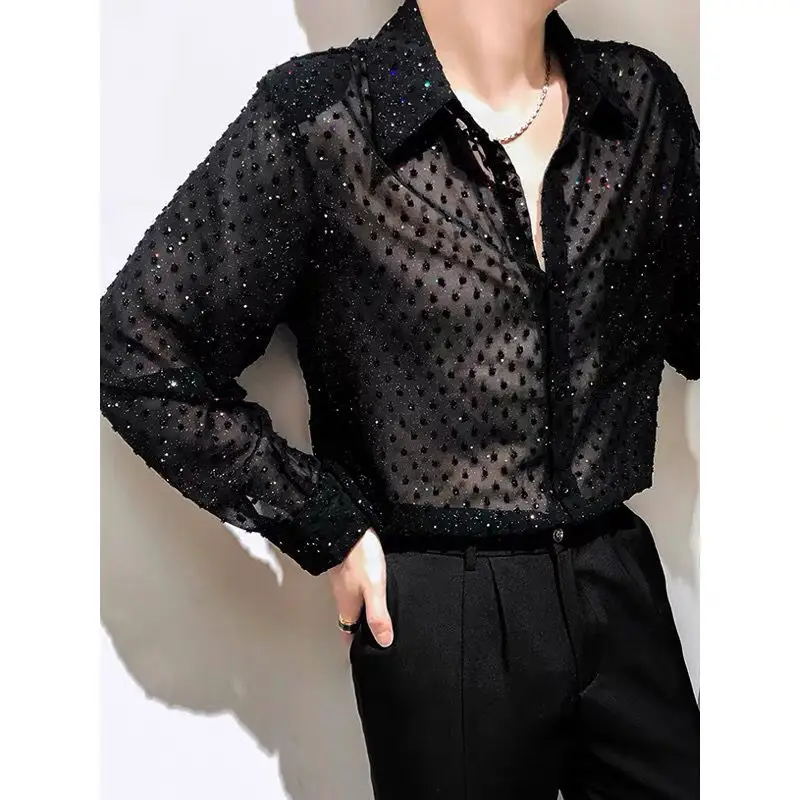 Spring Summer New Fashion Hollow Out Solid Shirts Men's Clothing Thin Style Loose Korean Style Sequins All Match Polo Neck tops