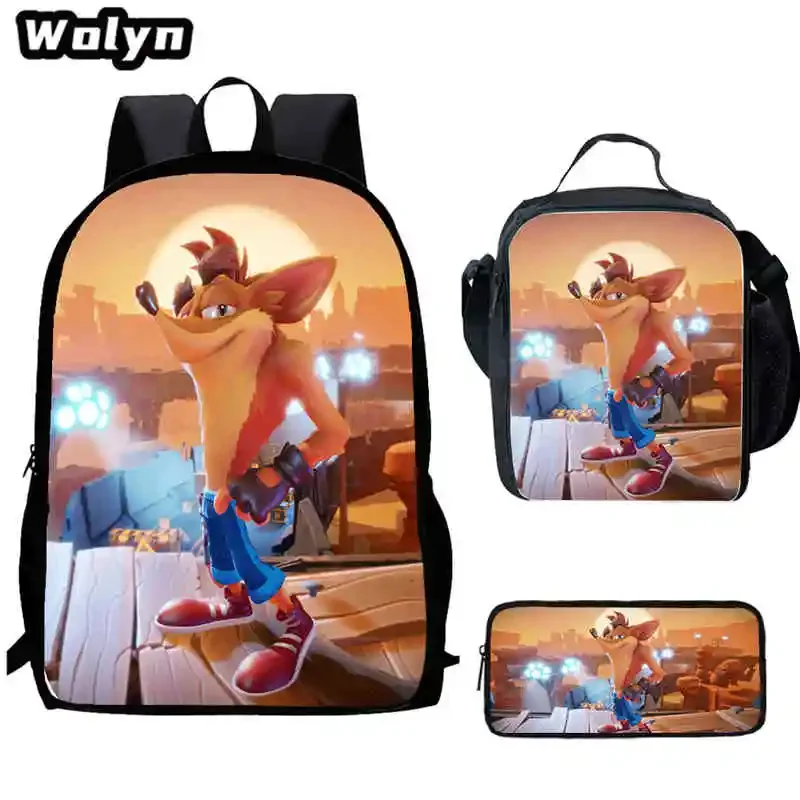 

3Pcs Set Cartoon Crash Bandicoot School Backpack with Lunch Bags Pencil Bags for Boy Girl,Anime School Backpack for Kindergarten