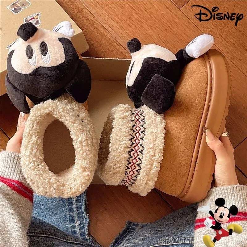 أحذية ديزني كارتونية لطيفة ميكي للثلج للفتيات، أحذية شتوية عصرية بنعل سميك دافئ من القطن، متعددة الاستخدامات ومقاومة للبرد