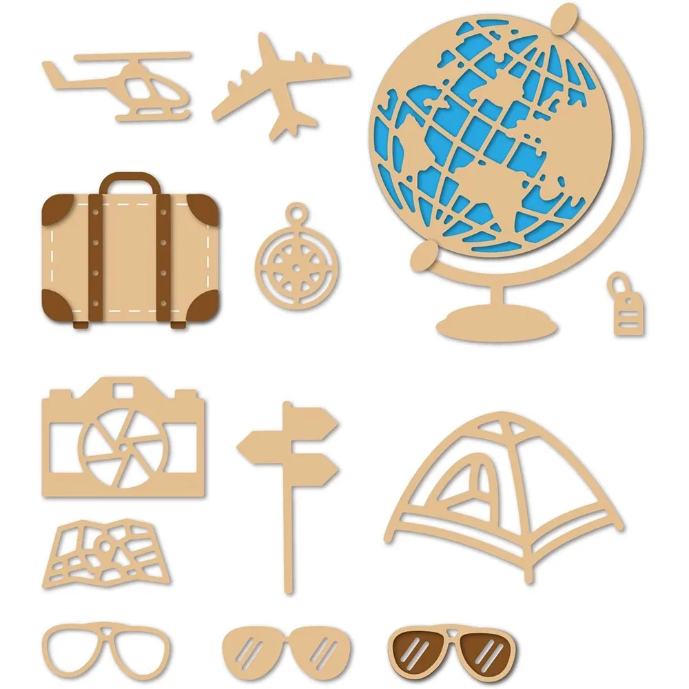 2Pcs Globe and Suitcase Metal Cutting Dies Tent Sunglasses Compass Die Cuts for DIY Scrapbook Card Making Album Craft Decoration