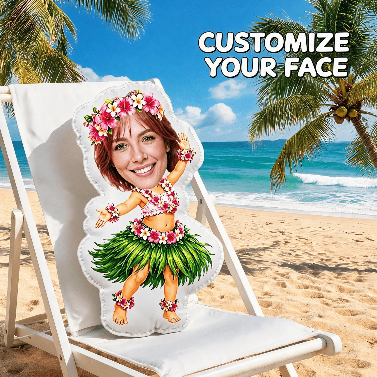 Custom Photo Dancer Shaped Pillow, Personalized Face with Flower Crown & Grass Skirt Decorative Cushion, Vibrant Tropical Style