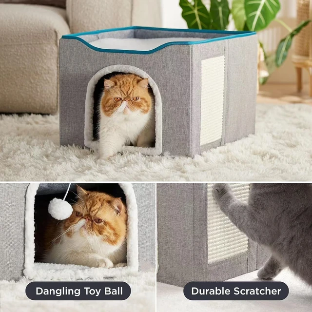 Cat Beds For Indoor Cats - Large Cat Cave For Pet Cat House With Fluffy Ball Hanging And Scratch Pad, Foldable Cat Hideaway, 16.5x16.5x13 Inches, Grey 7 Cat Beds For Indoor Cats - Large Cat Cave For Pet Cat House With Fluffy Ball Hanging And Scratch Pad, Foldable Cat Hideaway, 16.5x16.5x13 Inches, Grey 7