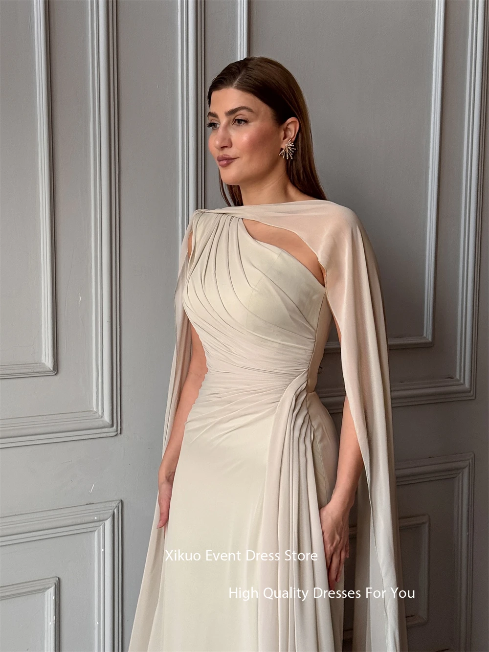 Xikuo elegante champán gasa vestidos de noche un hombro sirena fiesta vestido de graduación mujer bata plisada cóctel mujer personalizado