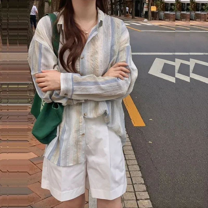 Women Shirts Casual Loose Vertical Stripe Blouses Long Sleeve Sunscreen Office Lady Fashion Female Cardigan Summer 2025