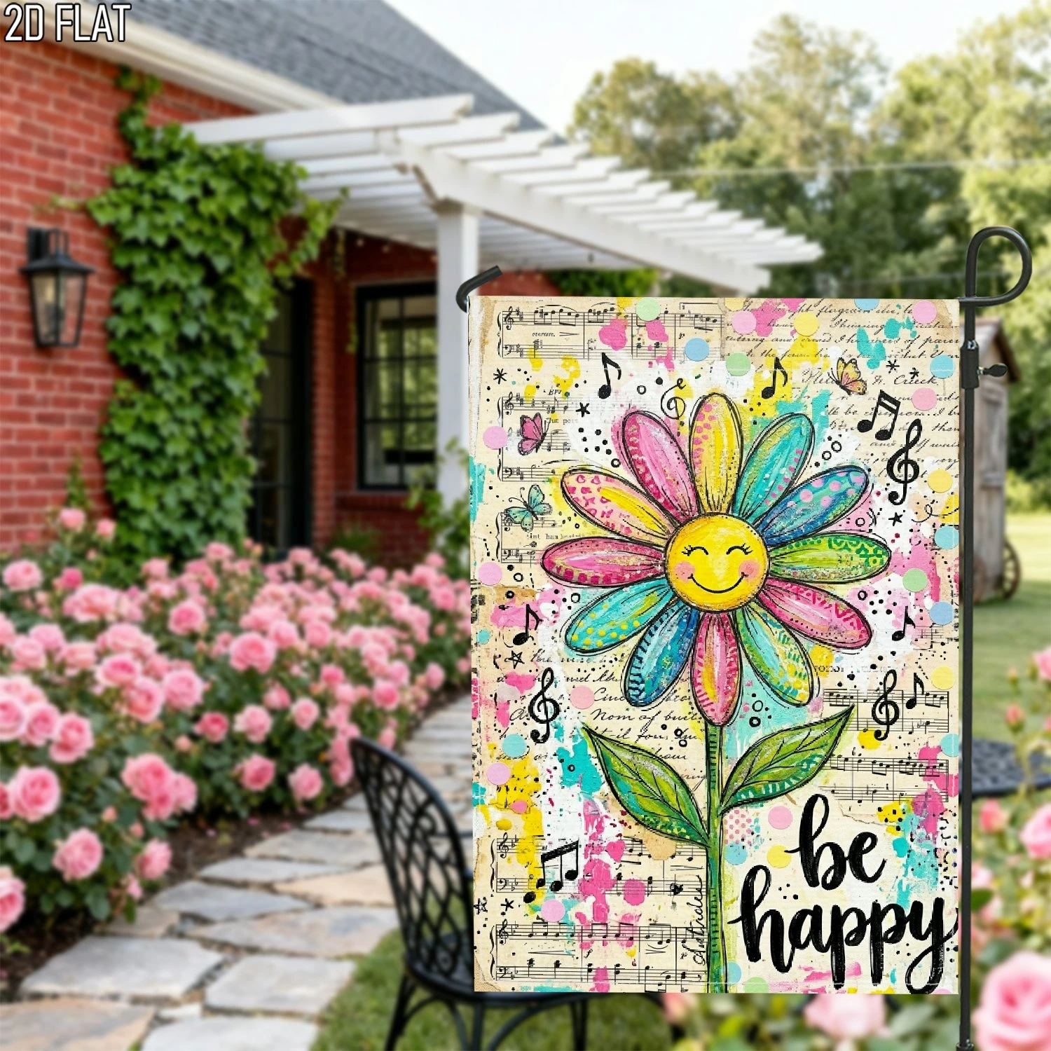 1pcs Be Happy Smile Daisy Music Note Garden Flag Vintage Retro Spring Summer Yard Outdoor Decor