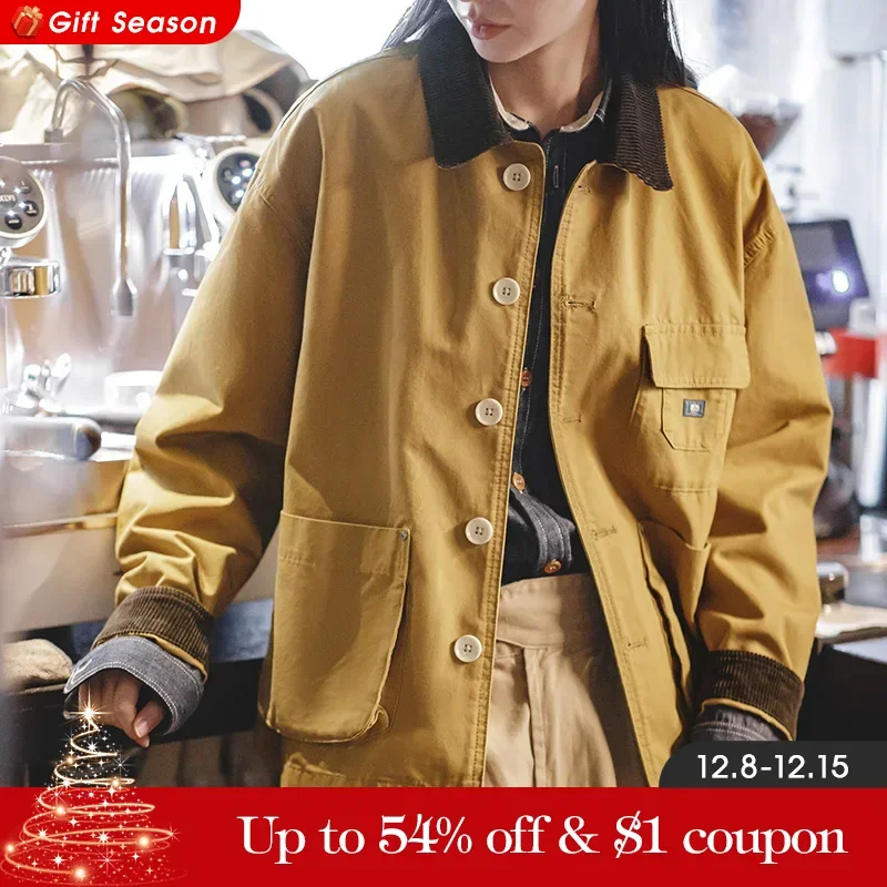 Maden Women\'s Corduroy Lapel Collar Autumn Jacket Ginger and Beige Color Working Jacket Oversized Vintage Coat Hunting Tops