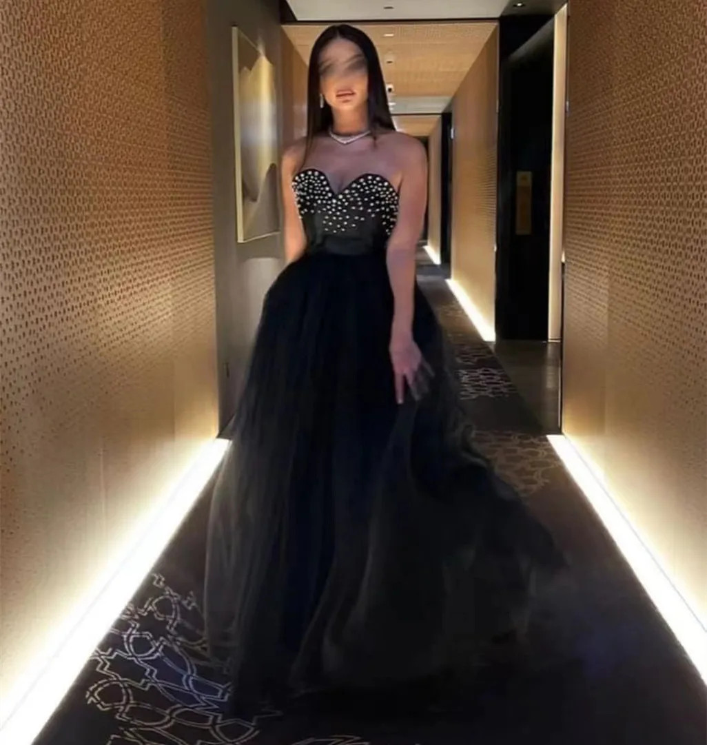 

Черные тюлевые платья для выпускного вечера Милая расшитая бисером Vestido De Индивидуальная молния сзади Длинные элегантные вечерние вечерние вечерние платья