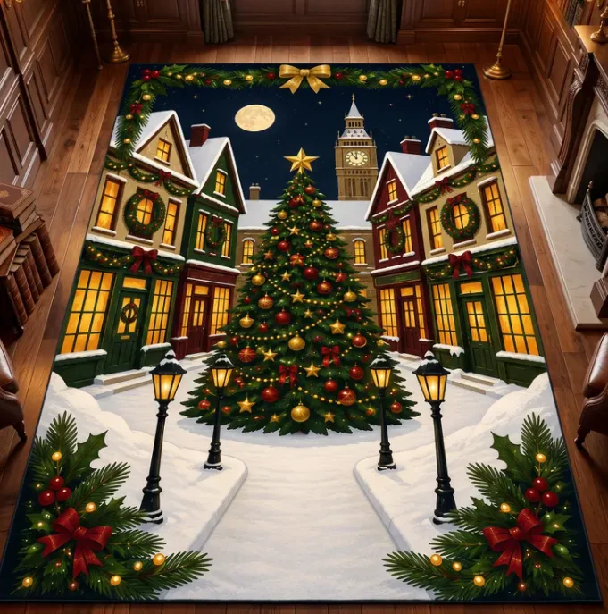 Christmas Village Rug, Christmas Tree Area Rug, London Christmas Decor, Winter Holiday Rug, Snowy Village Rug Floor Decor