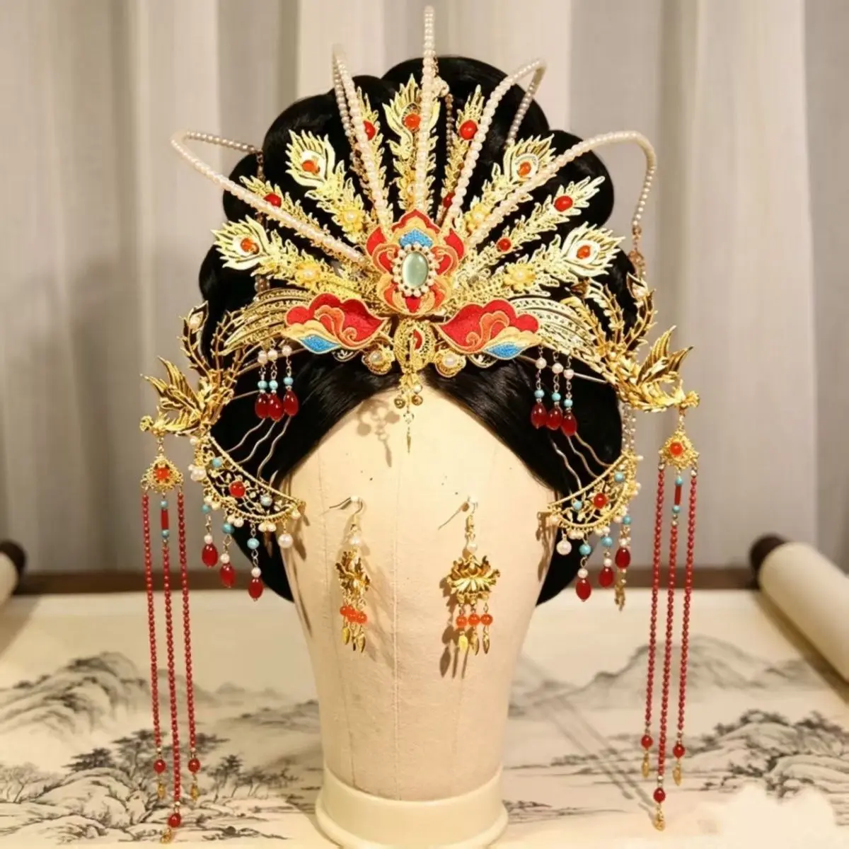 Tang Dynasity Phoenix Crown Hanfu Hair Accessory Set Peacock Tassels Embroidery for Chinese Wedding Headpiece Accessories