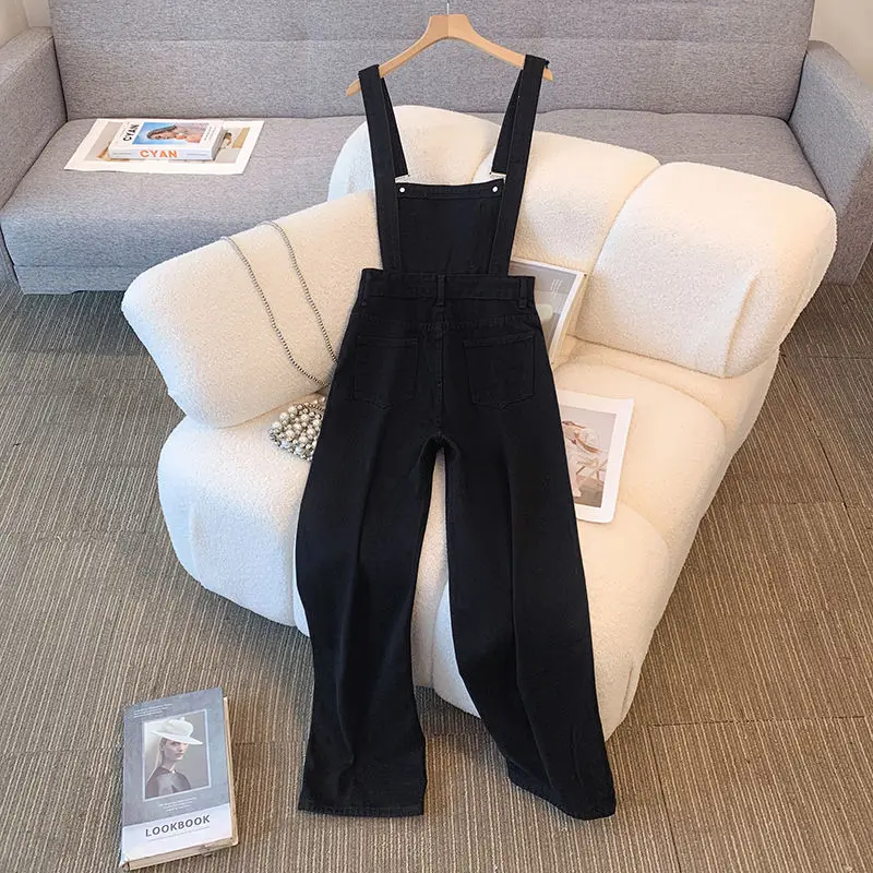 American Style Black Denim Strap Pants Women Spring Summer High Waist Loose Wide Leg Pants Fashion Trend Vintage Jeans