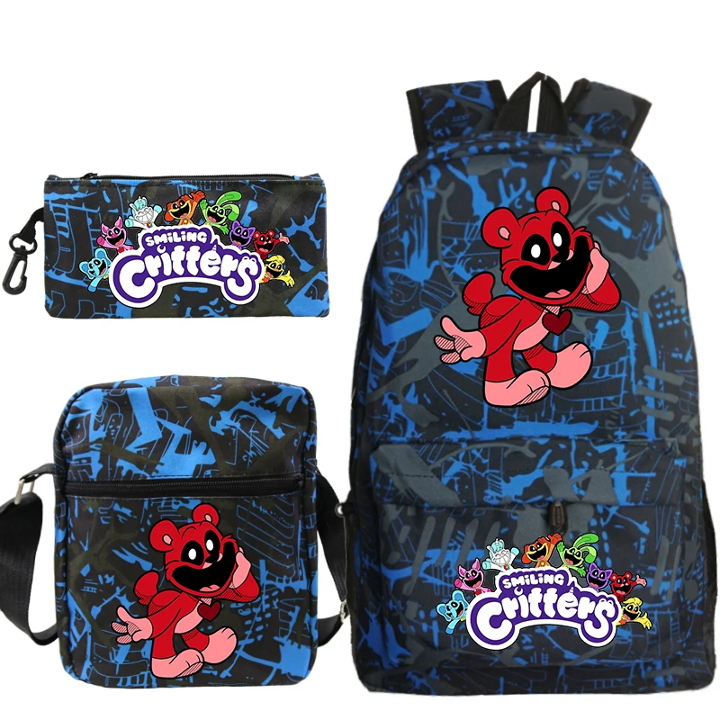 Mochila de nailon de 3 piezas para niños y niñas, bolso escolar con estampado de Critters sonrientes, de gran capacidad, personalizado, para ordenador portátil