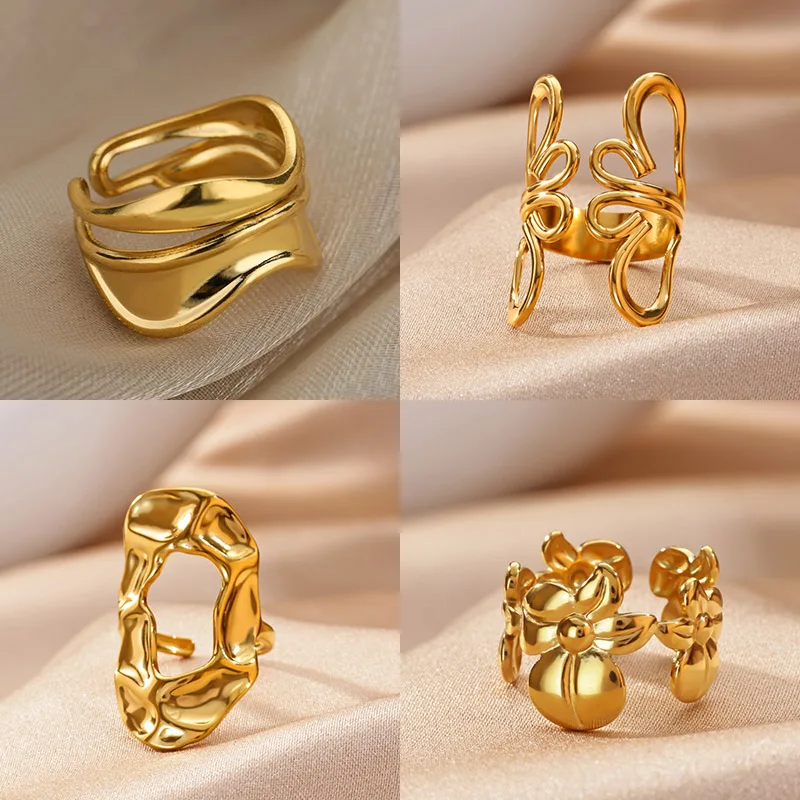 Elegante geometrische Öffnungsringe für Damen, 18 Karat vergoldeter Edelstahl-Blumenring, Hochzeit, Party, luxuriöser Schmuck, Geschenk