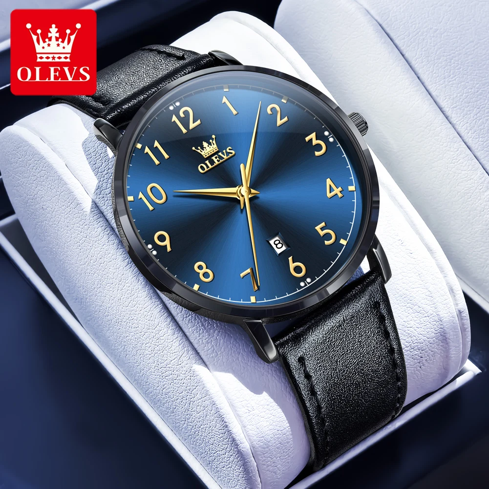 

OLEVS 5653 100% подлинные часы для мужчин с автоматической датой, водонепроницаемый кожаный ремешок, светящиеся оригинальные кварцевые наручные часы, роскошный мужской подарок