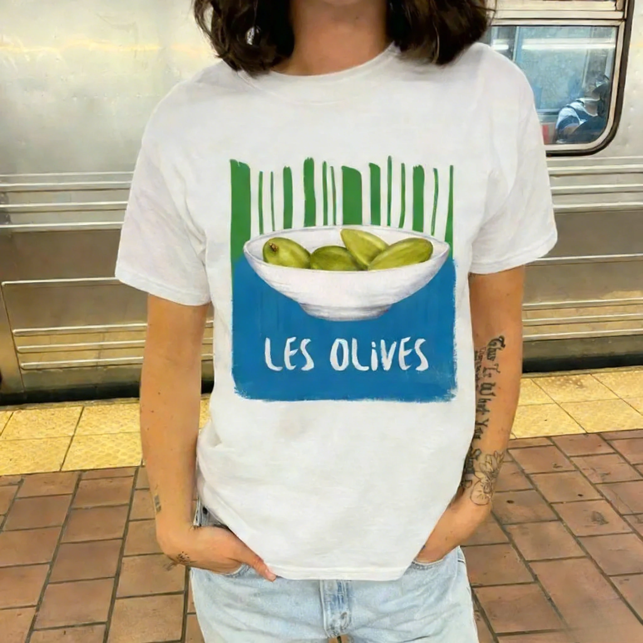 Camiseta con Estampado de Olivos, Camiseta de Mercado Italiano, Camiseta con Ambiente Veraniego, Ropa Informal Sencilla para Vacaciones, Camiseta de Cuello Redondo de Algodón de Manga Corta para Mujer