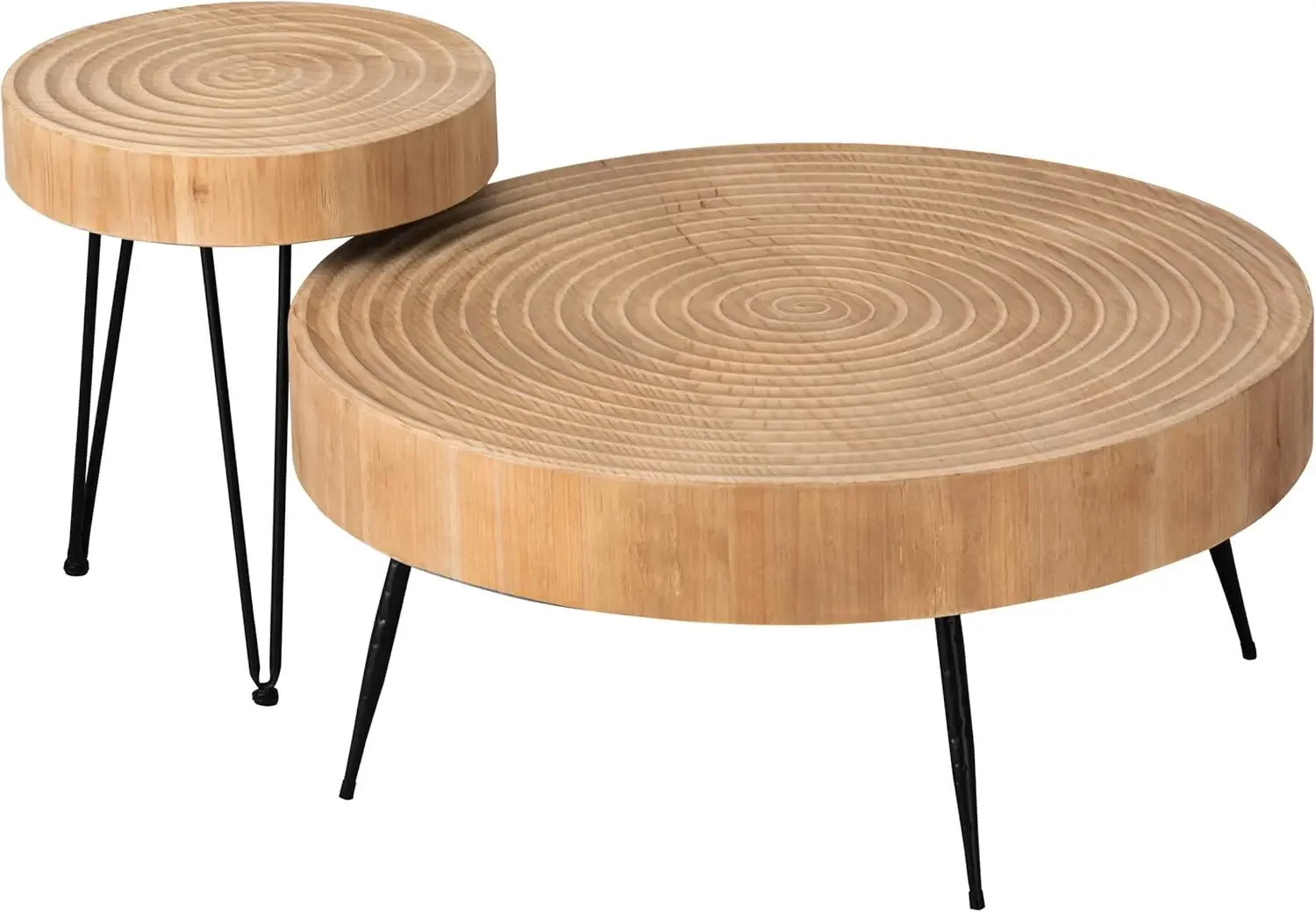 2-Piece Modern Farmhouse Living Room Coffee Table Set, Nesting Table Round Natural Finish with Handcrafted Wood Ring Motif