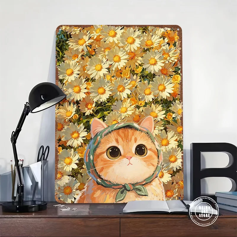 Cute Cat in a Field of Daisies Personalized 3D Textured Metal Poster Wall Art Vintage Tin Signs for Living Room Decoration Decor