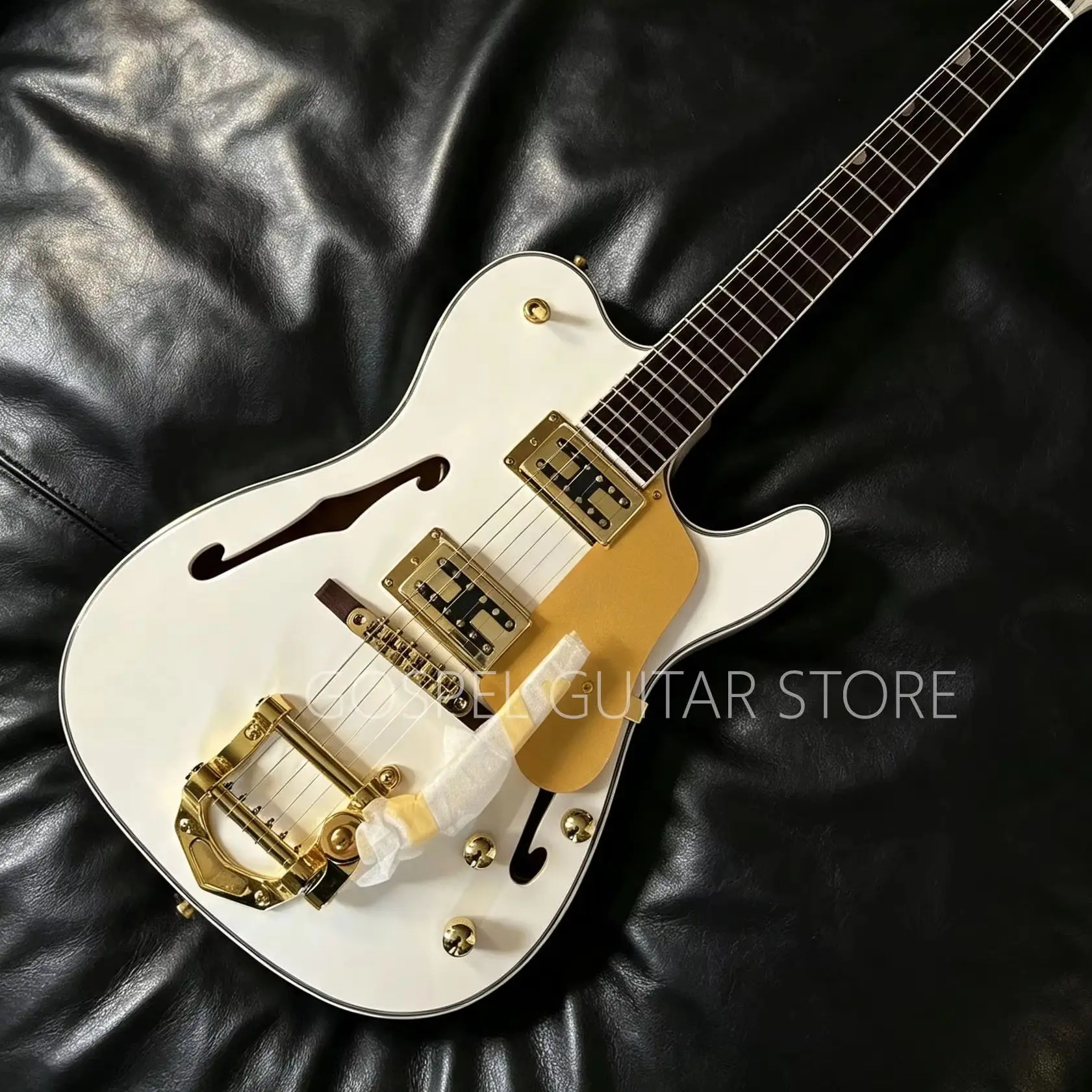 White Semi Hollow Thin String Electric Guitar With F-Shaped Hole HH Dual Coil Pickups Gold Protective Plate, Rosewood Fingerboard, Large Tremolo Gold Hardware Cherry Wood Body Available In American Warehouse Free Shipping