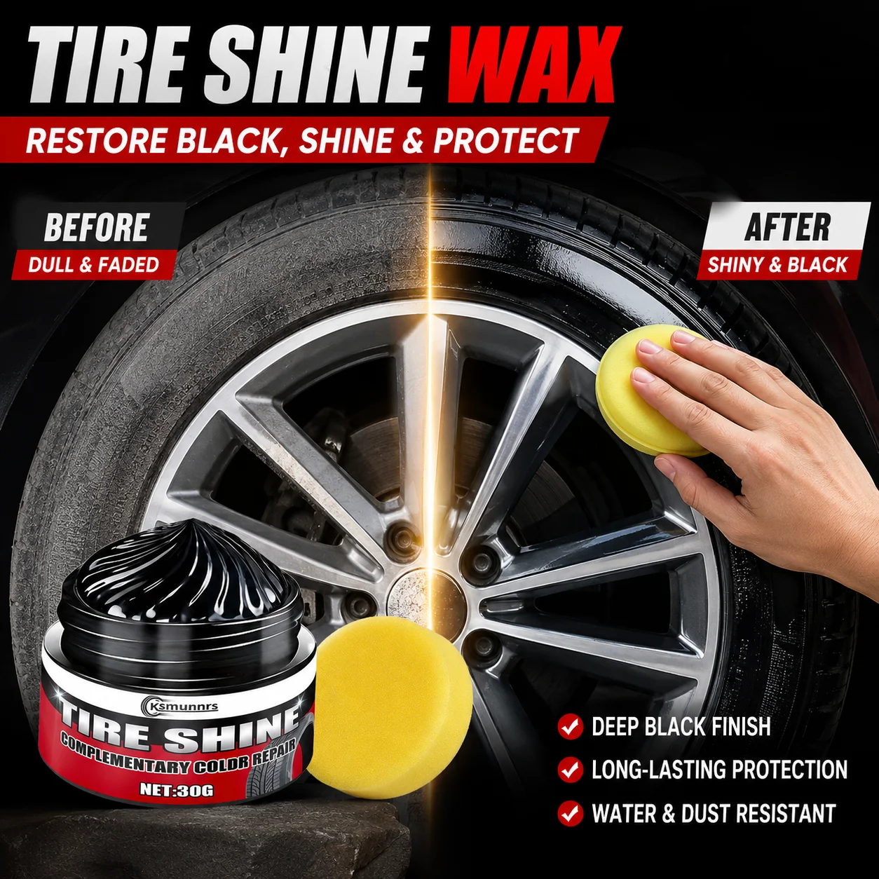 Liquid Tire Shine Wax Deep Black Tire Restorer with Long Lasting Gloss and Protection