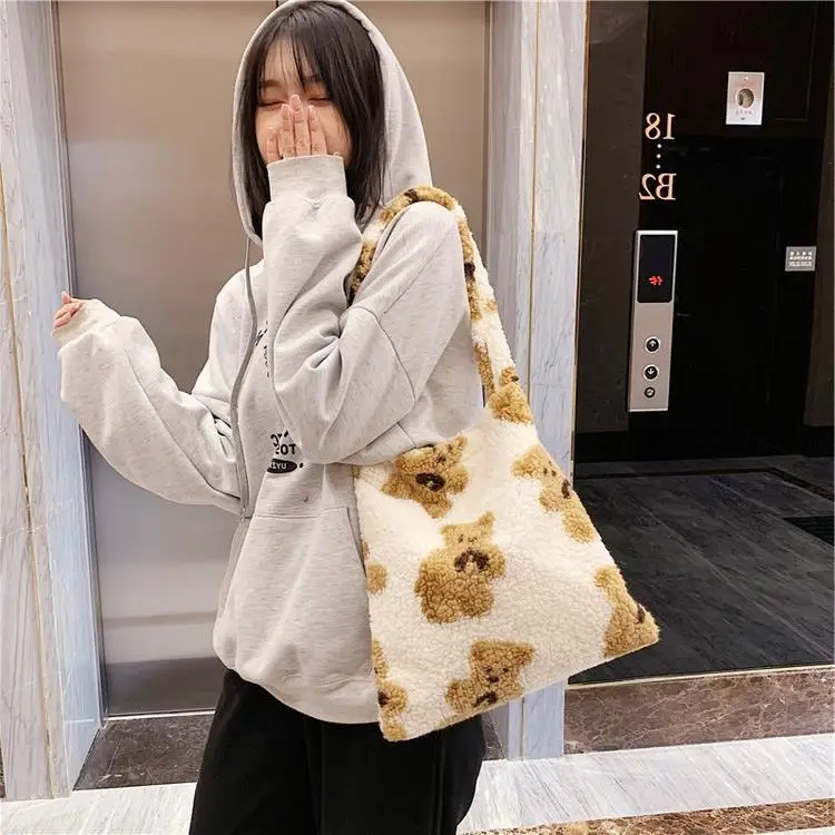 Women Lamb Like Fabric Shoulder Tote Bag Canvas Fluffy Fur Bear Handbags Large Capacity Soft Shopping Bags Girls Cute School Bag