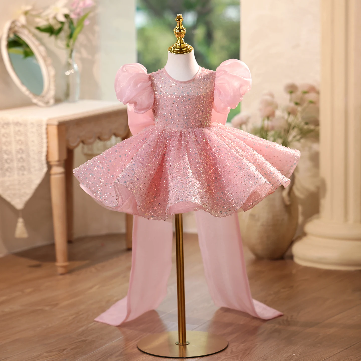 KLFLGD Elegant beauty pageant children's sequin dress puff sleeve flower children wedding pink dress girl piano playing dress