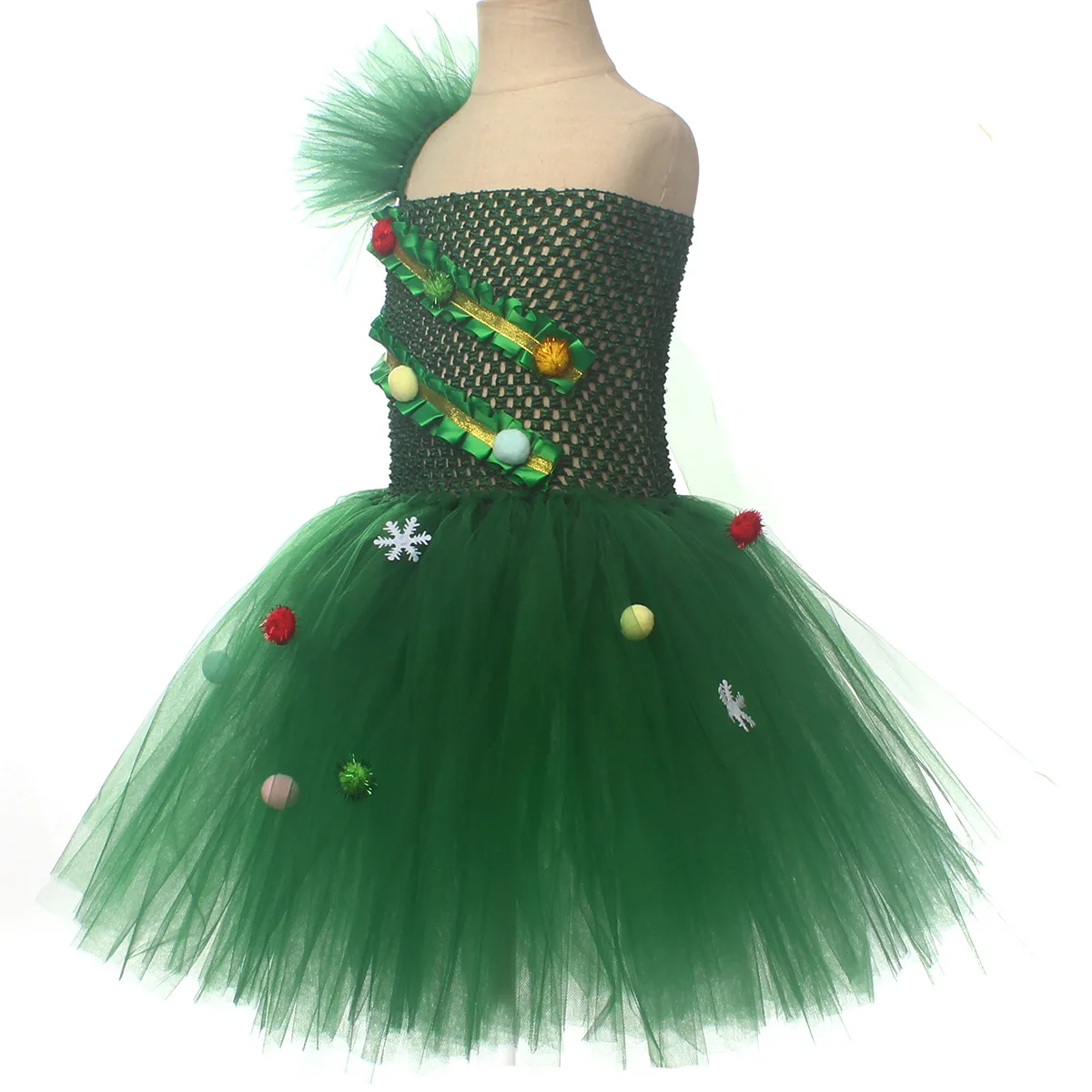 Children Holiday Party Stage Performance Christmas Tree Role Play Tulle Tutu Dress With Pom Pom Decoration Saprkly Headband Wear